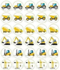 a set of construction vehicles with different types of trucks and tractors on them, all in yellow