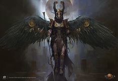 an image of a demon with wings on it's chest and head, standing in front of a full moon