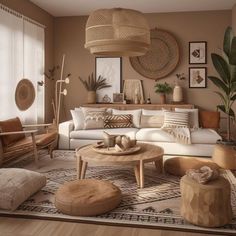 a living room filled with lots of furniture and decor on top of a wooden floor