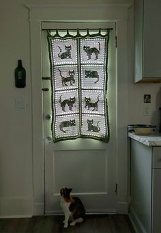 a cat sitting on the floor in front of a door with a crocheted window