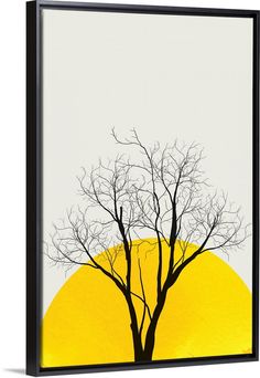 a yellow and black tree with the sun in the background framed canvas wall art print