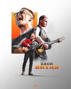 two men are playing guitars in front of an orange and white background with the words zach bryan