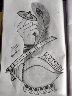 a drawing of a person holding a knife and looking at something in his hand with the word krish on it