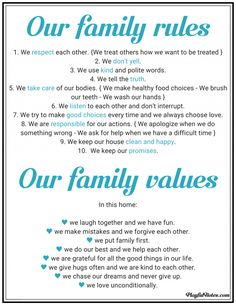 a family rules poster with the words our family rules in blue and white on it