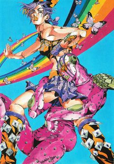 a painting of a woman with colorful hair and boots holding a rainbow streamer in her hand