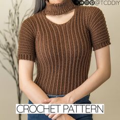 a woman wearing a brown knitted sweater with the words crochet pattern on it