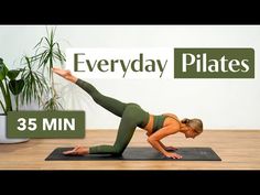 a woman doing a yoga pose with the words everyday pilates in front of her