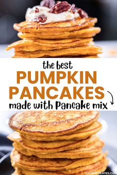 the best pumpkin pancakes made with pancake mix are stacked on top of each other