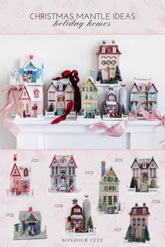 christmas mantel ideas including miniature houses and ornaments for the holiday season with pink ribbon