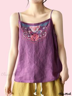 Olivia Mark - Embroidered Spaghetti Strap Top, Ethnic Sleeveless Cami Top For Summer, Women's Clothing Summer Care, Spaghetti Strap Top, Top For Summer, Strap Top, Clean Style, Olivia Mark, Cami Top, Cami Tops, Collar Style