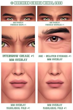 the different types of eyes and eyebrows for male characters, including one with green eyes