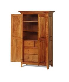 a wooden armoire with drawers and doors on the bottom shelf is shown against a white background