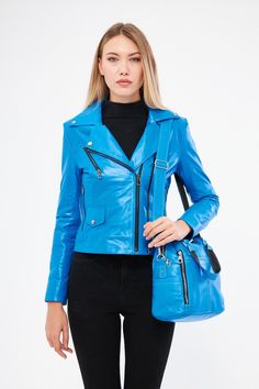 BLUE Genuine Leather Jacket , Our products are 100% genuine leather; It is produced in master hands with quality materials and delicate hand workmanship. Blue Leather Jacket For Work, Blue Leather Jacket With Zipper Closure, Blue Leather Jacket For Fall, Leather Clothes, Lamb Leather Jacket, Womens Jackets, Genuine Leather Jackets, Leather Outfit, Blue Bags