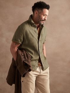 Untucked Linen Shirt | Banana Republic Earthy Tone Outfits Men, Earth Tone Men Outfit, Mens Wedding Guest Outfit, Wedding Guest Outfit Men, Room Photoshoot, Wedding Guest Men, Earth Tone Outfits, Inspi Outfit, Summer Wedding Attire