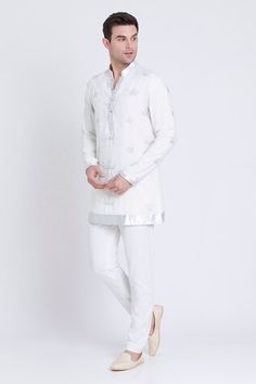 Ivory linen kurta with stone, thread patchwork embroidery in crown pattern. Paired with a pant. - Aza Fashions Festive White Linen Sets, Traditional White Linen Sets, White Linen Festive Sets, White Cotton Ceremonial Set, White Linen Eid Sets, White Linen Sets For Eid, Eid Linen Kurta With Embroidered Border, Festive Linen Kurta With Embroidered Border, White Linen Kurta With Resham Embroidery