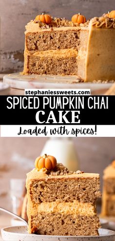 two slices of spiced pumpkin chai cake on white plates with text overlay