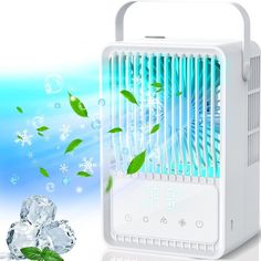 an air conditioner sitting on top of ice with leaves flying around it and water bubbles