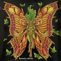 a painting of a butterfly with green hair and orange wings on it's body