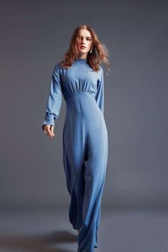 Draped Lisa Gathered High Waist Jumpsuit Blue -Modest Rompers - By Baano Water Inspired Outfits, Blue Jumpsuits Outfit, Light Blue Jumpsuit, Dance Jumpsuit, High Waist Jumpsuit, Romper Long Sleeve, Bat Sleeves, Creative Photoshoot, Gold Cocktail Dress