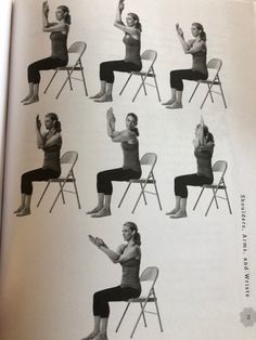 a woman sitting on top of a folding chair doing yoga exercises with her hands in the air