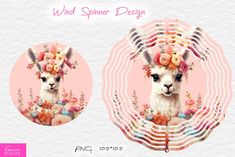 a llama with flowers on its head is in the middle of two circular frames