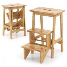 two wooden stools with one sitting on the floor and another standing in the middle