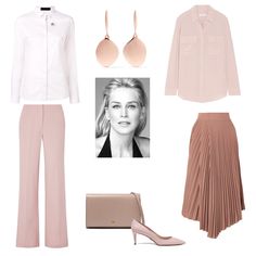 a woman's outfit and accessories including pink pants, white shirt and nude heels