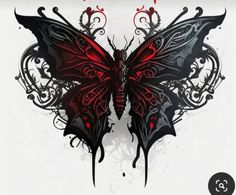 a butterfly with red and black designs on it's wings is shown in this image