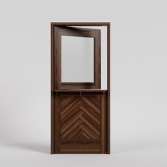 an empty wooden cabinet with a mirror on the top and bottom shelf, against a white background