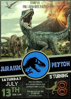 a poster for a dinosaur party with tyransauruss and other dinosaurs in the background