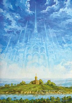 an oil painting of a castle on top of a hill with clouds in the sky