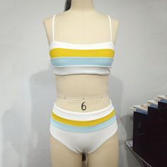 FREE SHIPPING Sexy Retro Bandeau High Waist Striped Bikini Set JKP3157 Stretch Bandeau Crop Top For Beachwear, Stretch Bandeau Crop Top For Beach Season, Summer Fitted Color Block Crop Top, Fitted Color Block Crop Top For Summer, Summer Stretch Color Block Crop Top, Stretch Color Block Crop Top For Summer, Color Block Stretch Crop Top For Summer, White Bandeau Crop Top For Beach Season, White Seamless Tube Top For Beach