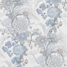 a floral wallpaper with blue and white flowers