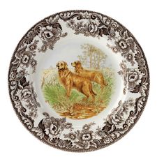 a brown and white plate with two dogs on it