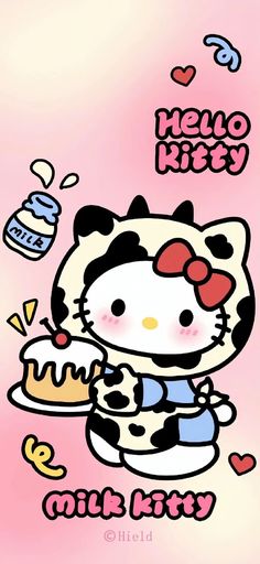 hello kitty holding a cake with hearts on it's side and the words hello kitty written