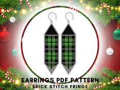 earrings pattern for brick stitch fringe on christmas tree branch with candy canes in the background