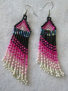 Fringe Earrings of #11 Glass Seed Beads 3 1/4" Long 3/4" wide of, Black Bugle,Pink, Black and White, Tribal, Boho, Southwestern, Artisan Black Southwestern Dangle Earrings, Traditional Black Beaded Earrings With Fringe, Traditional Black Beaded Fringe Earrings, Southwestern Black Beaded Dangle Earrings, Southwestern Style Black Earrings With Colorful Beads, Adjustable Southwestern Black Earrings, Handmade Black Southwestern Beaded Earrings, Handmade Southwestern Black Beaded Earrings, Southwestern Black Beaded Earrings For Festivals