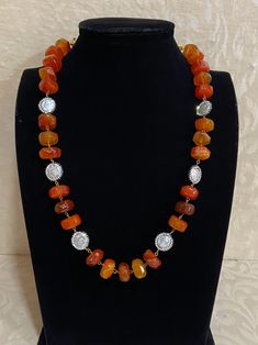 Elegant Orange Necklaces With Polished Beads, Elegant Orange Gemstone Beaded Necklaces, Elegant Orange Gemstone Beads Necklace, Elegant Orange Beaded Necklaces With Gemstone Beads, Pearl Pendant Necklace With Gemstone Beads, Long Gemstone Beads Necklace, Long Pearl Necklace With Gemstone Beads, Gift Necklaces With Large Rondelle Beads, Amber Beaded Long Necklace