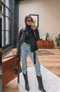 Outfit Botas, Looks Jeans, Looks Country, Look Retro, Leather Jacket Outfits, Looks Street Style, Looks Chic, 가을 패션