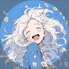 a woman with long white hair and flowers on her head is smiling at the camera