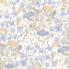 a floral wallpaper with blue, yellow and orange flowers on white background in an ornate pattern