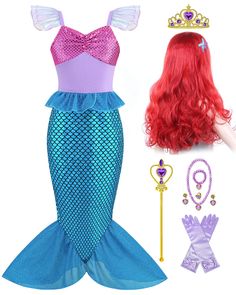 the little mermaid costume is shown with accessories