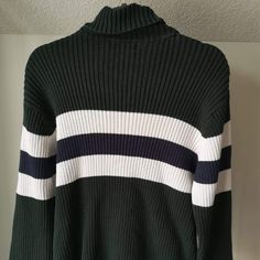 Tommy Hilfiger Turtleneck sweater Dark green with blue/white stripes Green With Blue, 80s Sweater, Sweater Turtleneck, Turtleneck Sweater, Mint Condition, Dark Green, White Stripe, Tommy Hilfiger, Blue White