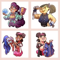 four cartoon characters with different outfits and hair styles, one is holding a glass in her hand