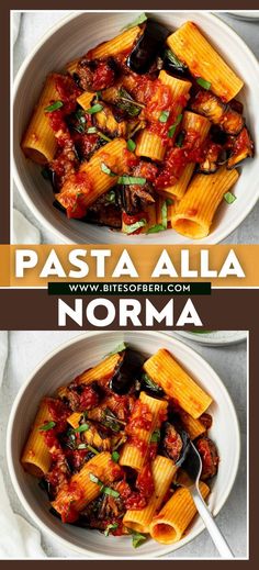 two bowls filled with pasta and sauce next to each other