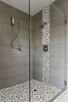 a walk in shower sitting inside of a bathroom