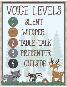 a poster with the words voice levels and numbers on it's front side, including an image of forest animals