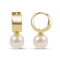 7.5-8.0mm Cultured Freshwater Pearl Huggie Hoop Drop Earrings in Sterling Silver with 14K Gold Plate | Zales White Gemstones, Hoop Drop Earrings, Pearl Details, Pearl Types, Freshwater Cultured Pearls, Huggie Hoop Earrings, Gold Plated Earrings, Gold Plated Silver, Cultured Pearls