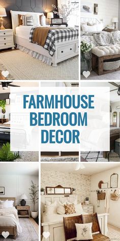 farmhouse bedroom decor is featured in this collage