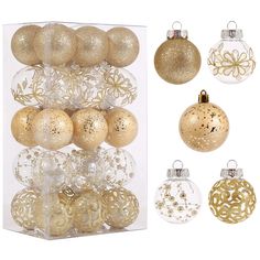 gold and white christmas ornaments in a clear box